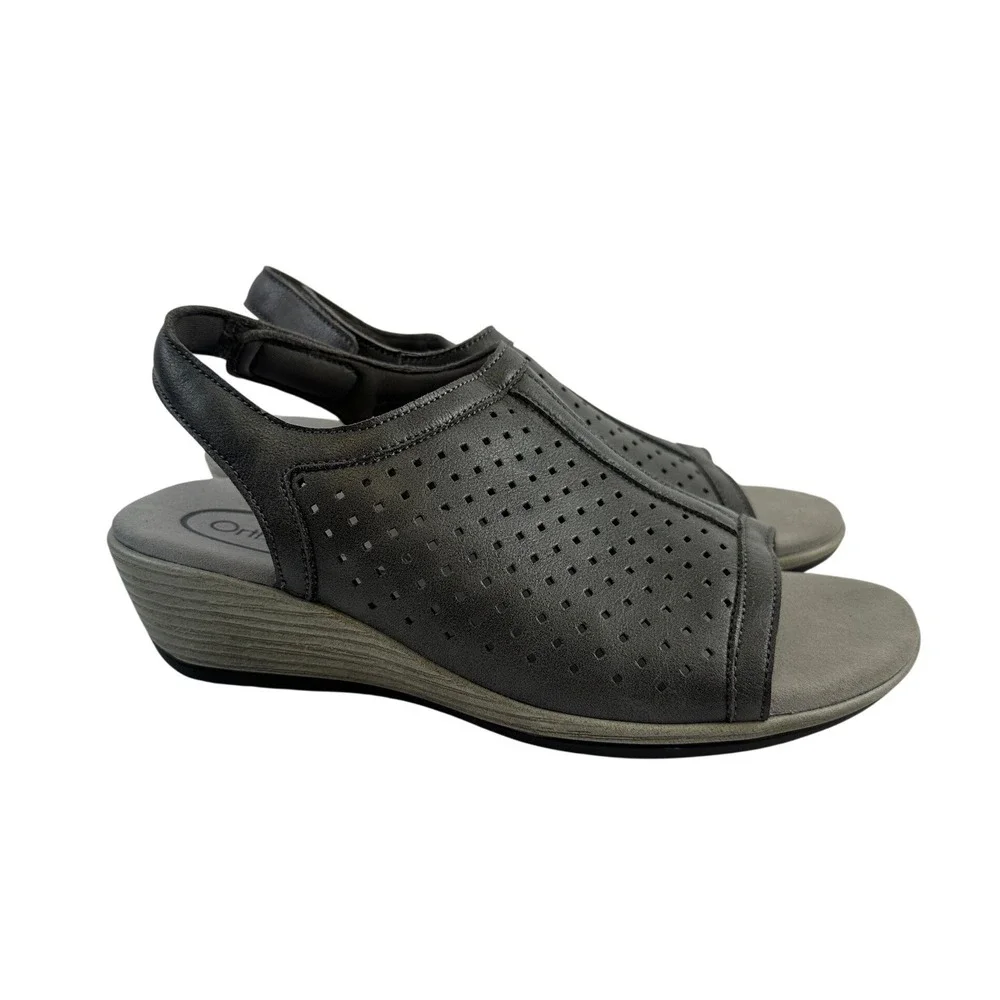 Orthofeet Hazel Wedge Sandal Gray Perforated Faux Leather Comfort 62021 Womens 7